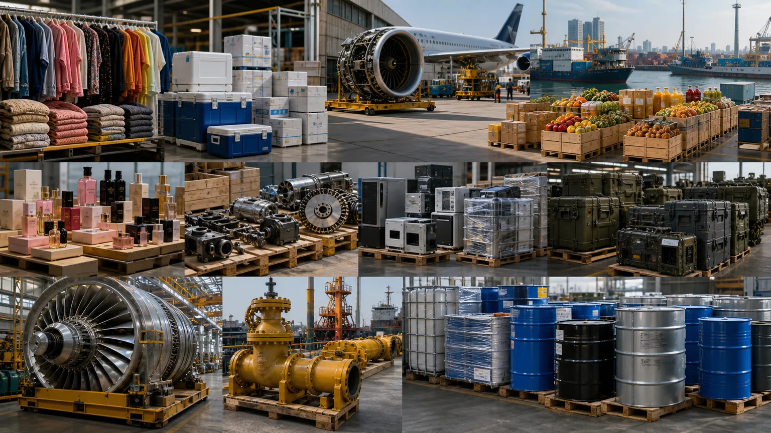 Textiles, pharmaceutical cool boxes, aviation equipment, food cargo, cosmetics, automotive parts, electronics, defence equipment cases, hydro project machinery, oilfield equipment, and chemical drums prepared for logistics