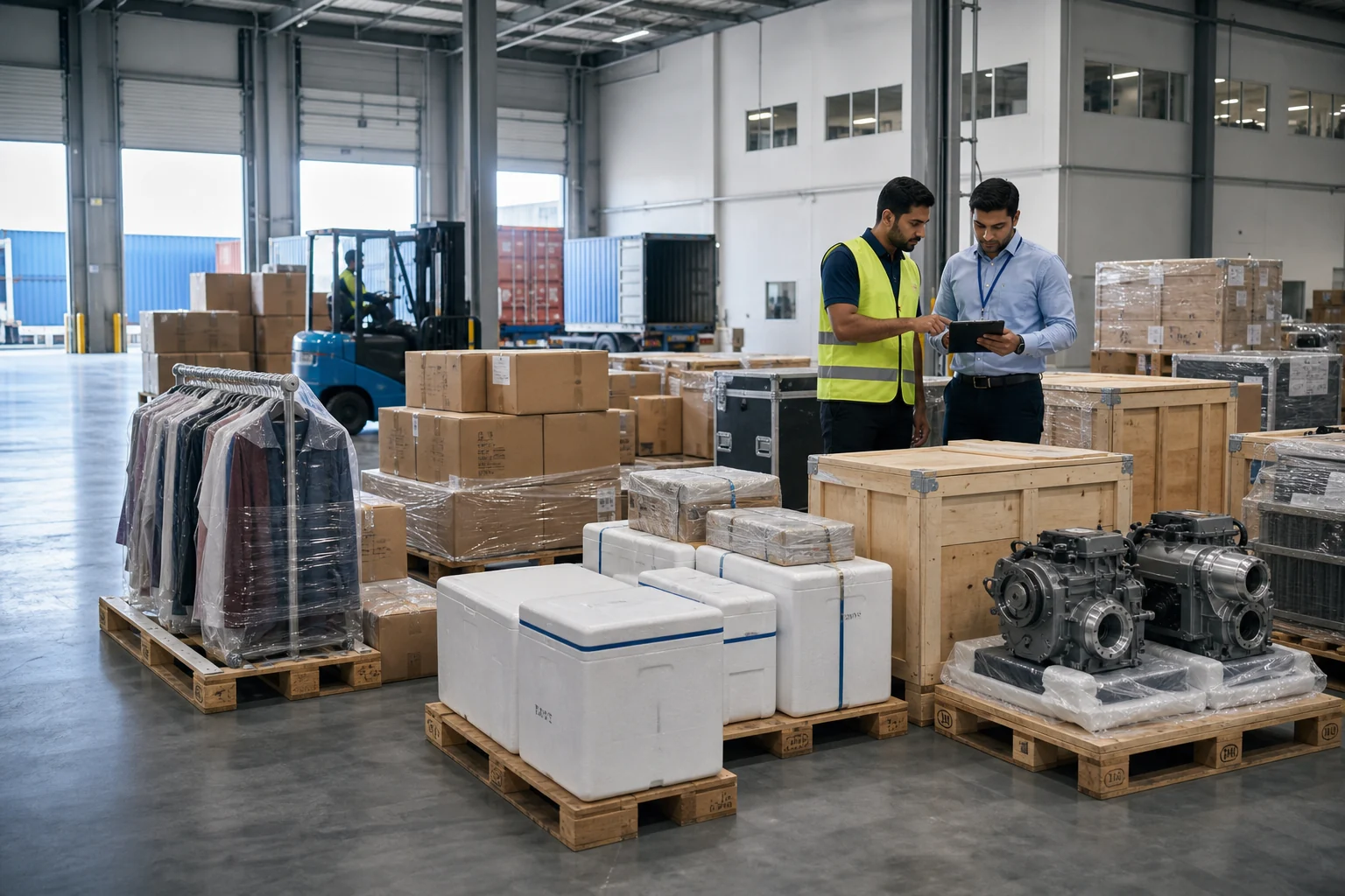 Specialists reviewing varied commercial cargo prepared for freight transport