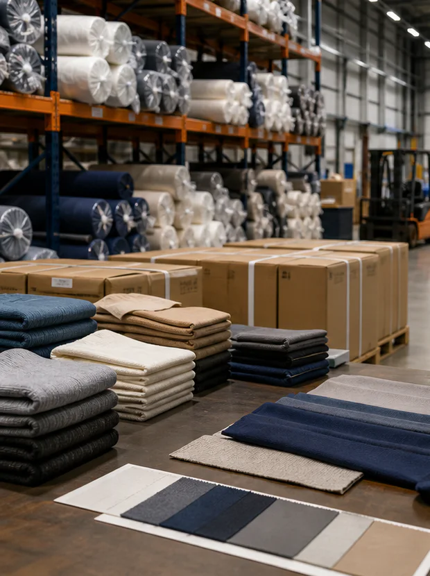 Folded textiles, fabric rolls, and export cartons prepared in a freight warehouse