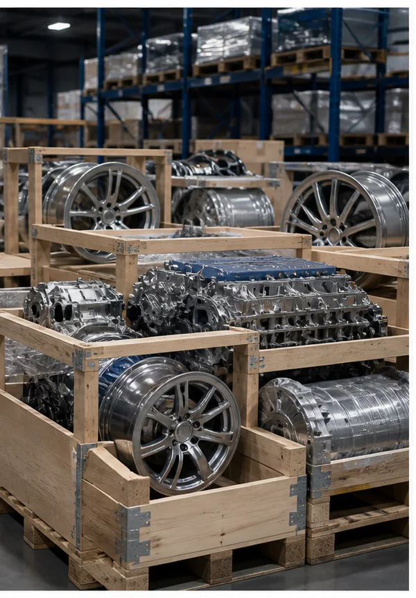 Crated automotive parts and wheel assemblies prepared for logistics
