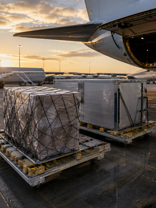 Secured air-freight pallets and cargo containers on an airport ramp