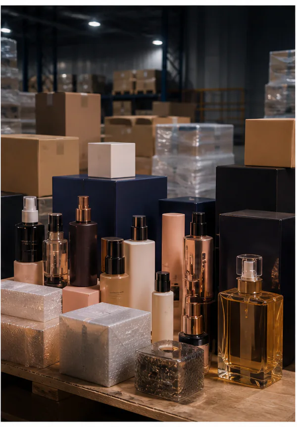 Unbranded beauty products and perfume packaging ready for export freight