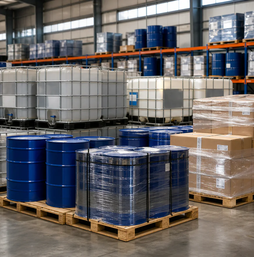 Sealed chemical drums and IBC containers prepared safely for freight