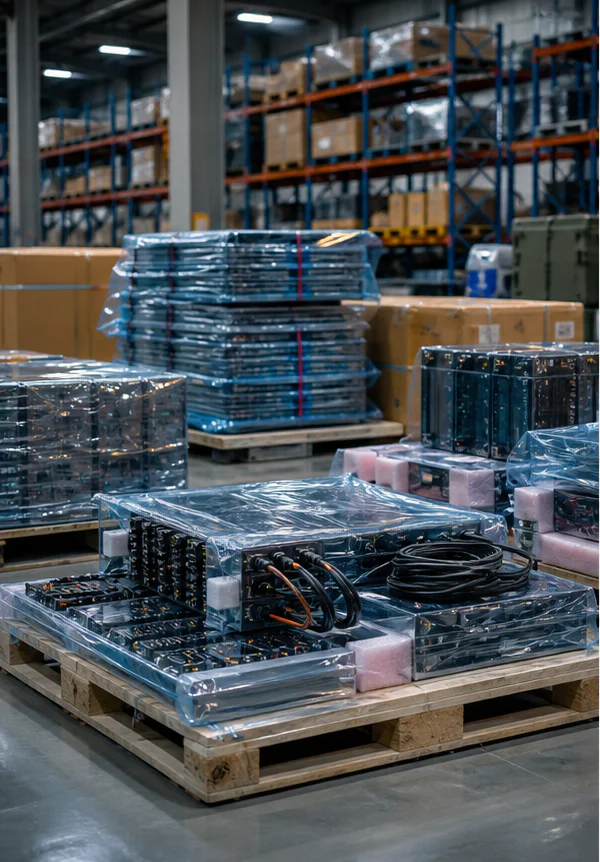 Protected electronics modules and cable assemblies on export pallets