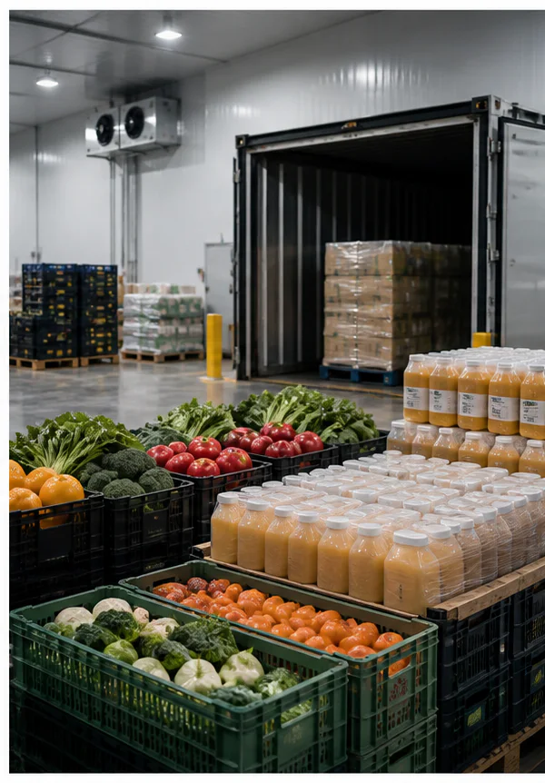 Fresh produce and sealed beverage cargo in a chilled export warehouse