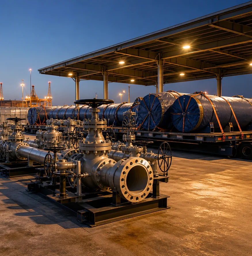 Pipeline valves and protected energy-sector freight cargo at a logistics terminal